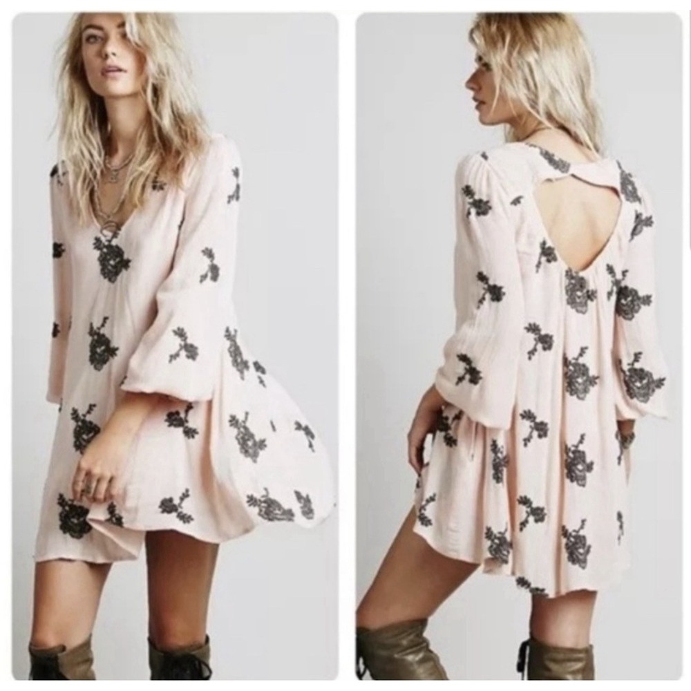 Free People Emma Pink Embroidered Long Sleeve Dress S Festival